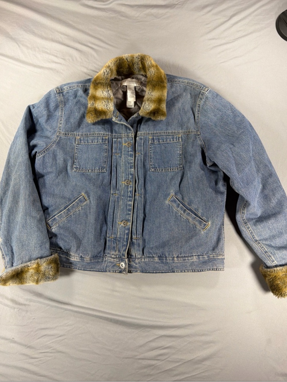 Vintage Liz Claiborne Lizwear Jeans Blue Jacket Faux Fur  Collar Cuffs PocketsXL